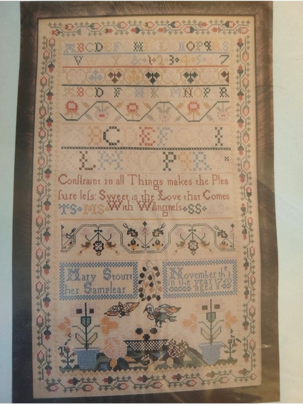 NOS The Essamplaire Samplier Mary Stourt 1760 Sweet is the Love Cross Stitch Kit